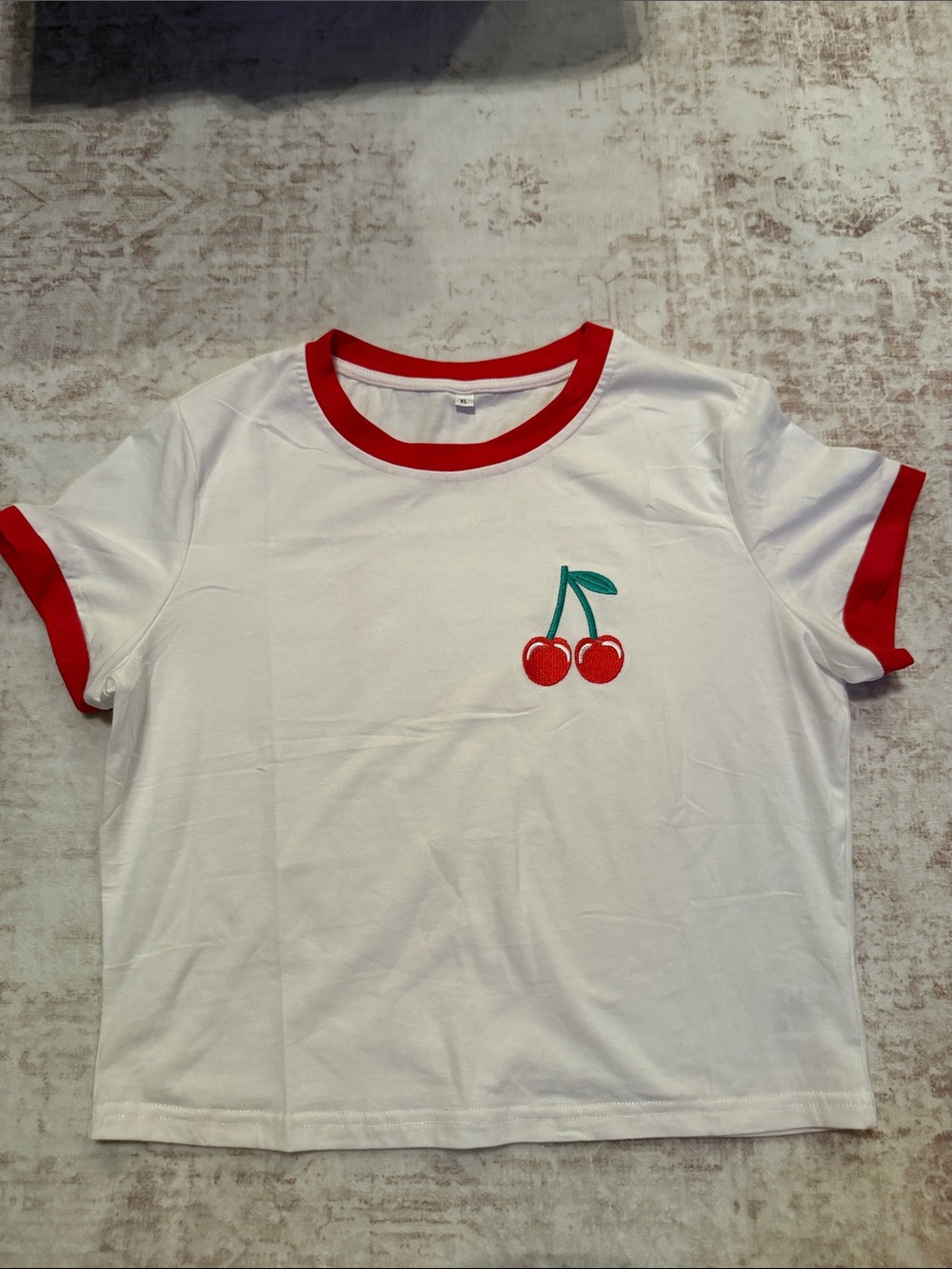 Amazon White Crop Ringer Tee with Red Trim and Cherry Motif